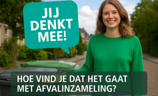 Vrouw bij gft-container met spreekballon 'Jij denkt mee'