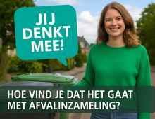 Vrouw bij gft-container met spreekballon 'Jij denkt mee'